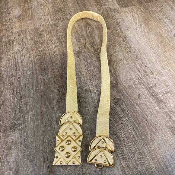 Rare Vintage Alexis Kirk Gold Fashion Belt buckle with ivory embossed leather 30 - Picture 3 of 9
